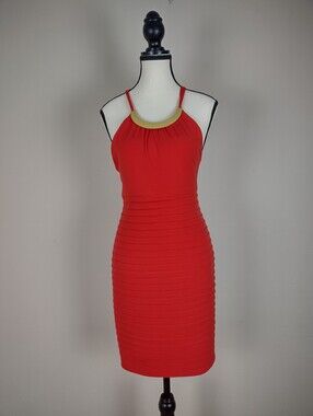 Max & Cleo Red/Coral Bodycon Halter Dress w/ Gold Neck Detail Size 4